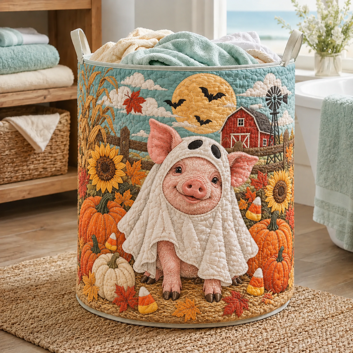 Quilted Laundry Basket – Piglet in Ghost Costume at Harvest Time