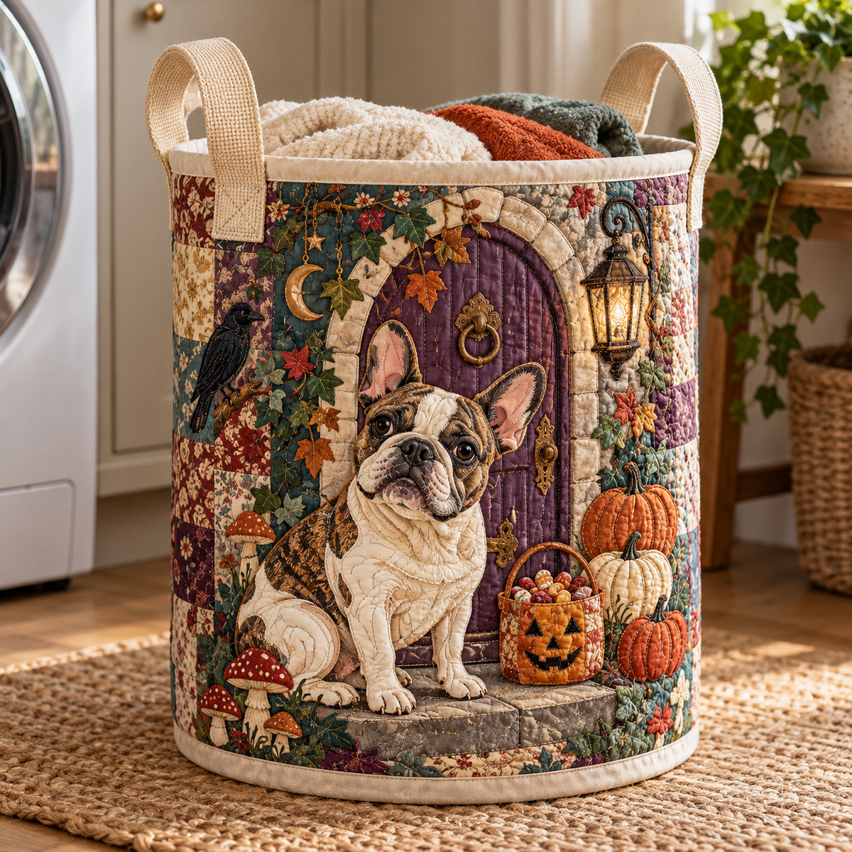 Quilted Laundry Basket – French Bulldog at the Haunted House