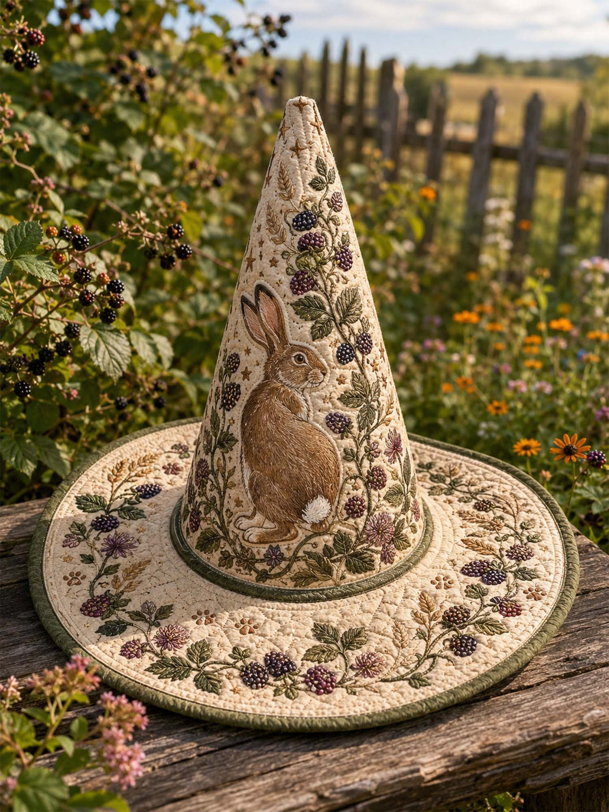 Handmade Quilted Witch Hat – Woodland Hare with Plant Motifs in Country Style