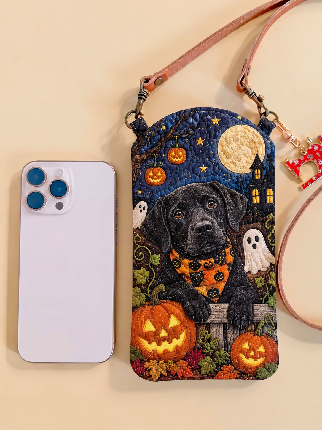 Slim Quilted Phone Crossbody Bag – Black Labrador with Spooky Pumpkins