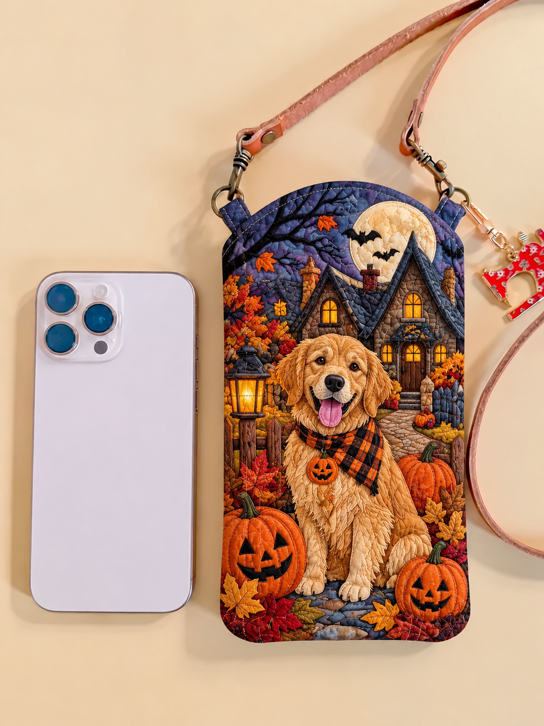 Slim Quilted Phone Crossbody Bag – Golden Retriever on Pumpkin Night