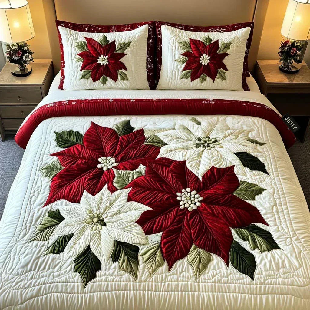 3-Piece Quilted Bedding Set – Wintry Poinsettias