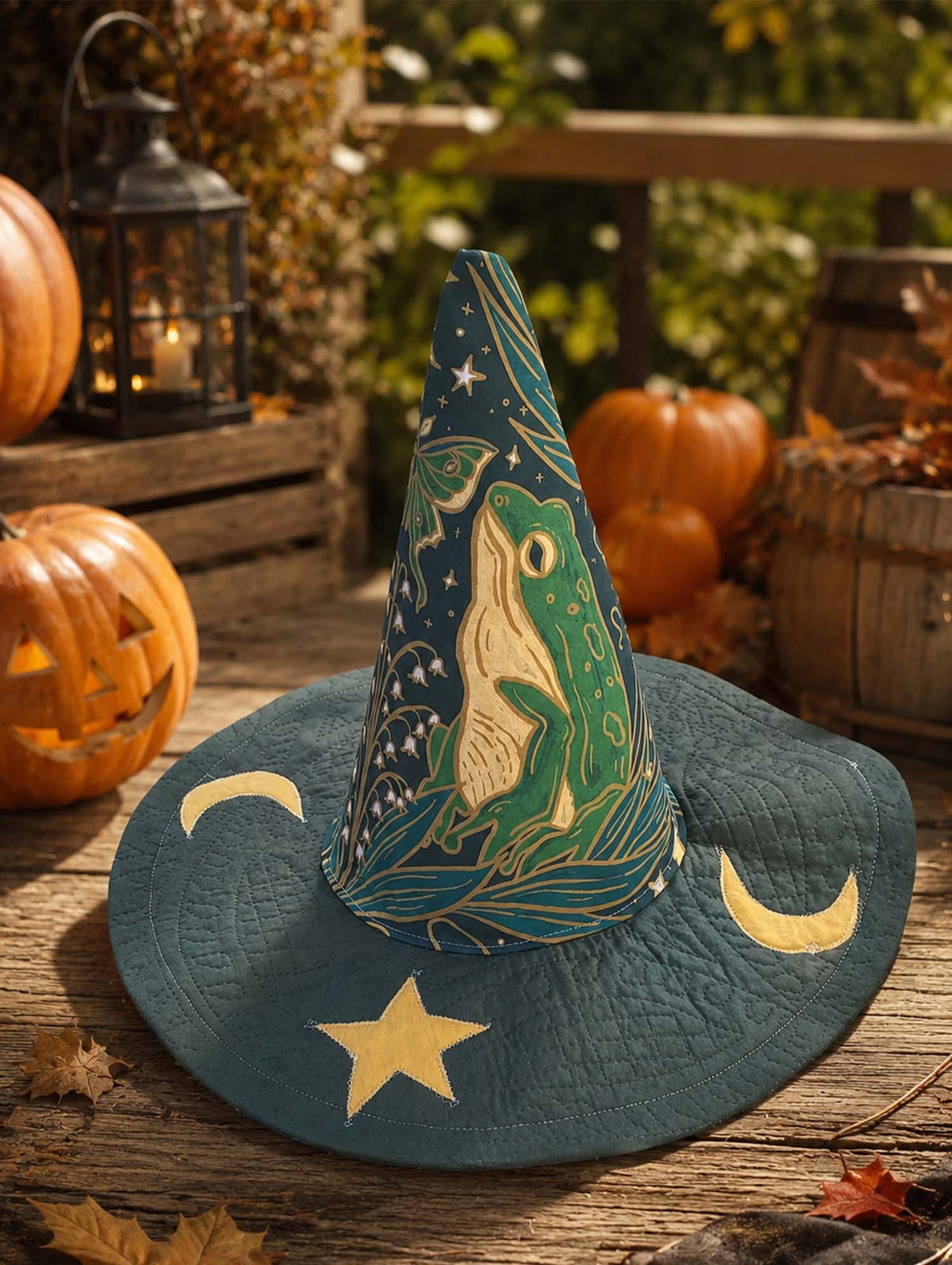 Handmade Quilted Witch Hat – Frog Under the Stars