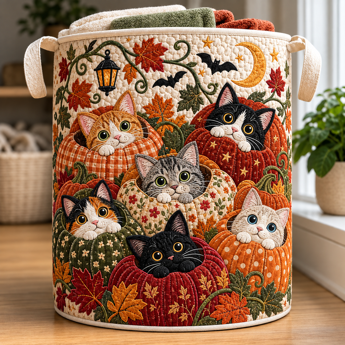 Quilted Laundry Basket – Cats and Autumn Pumpkins