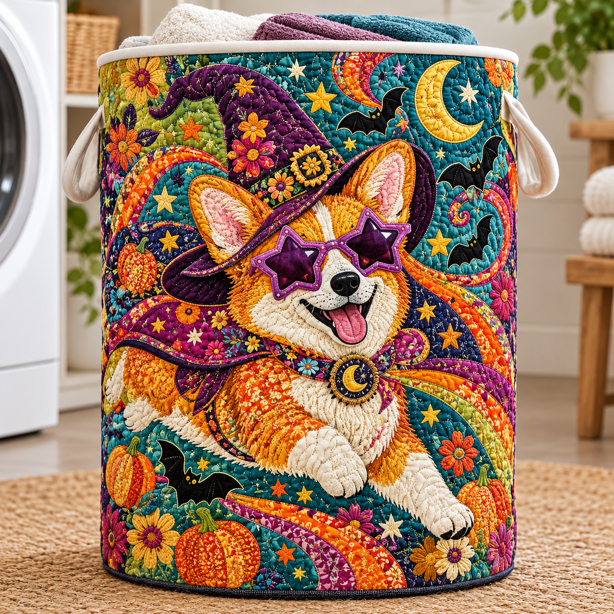 Quilted Laundry Basket – Corgi in Cheerful Halloween Style
