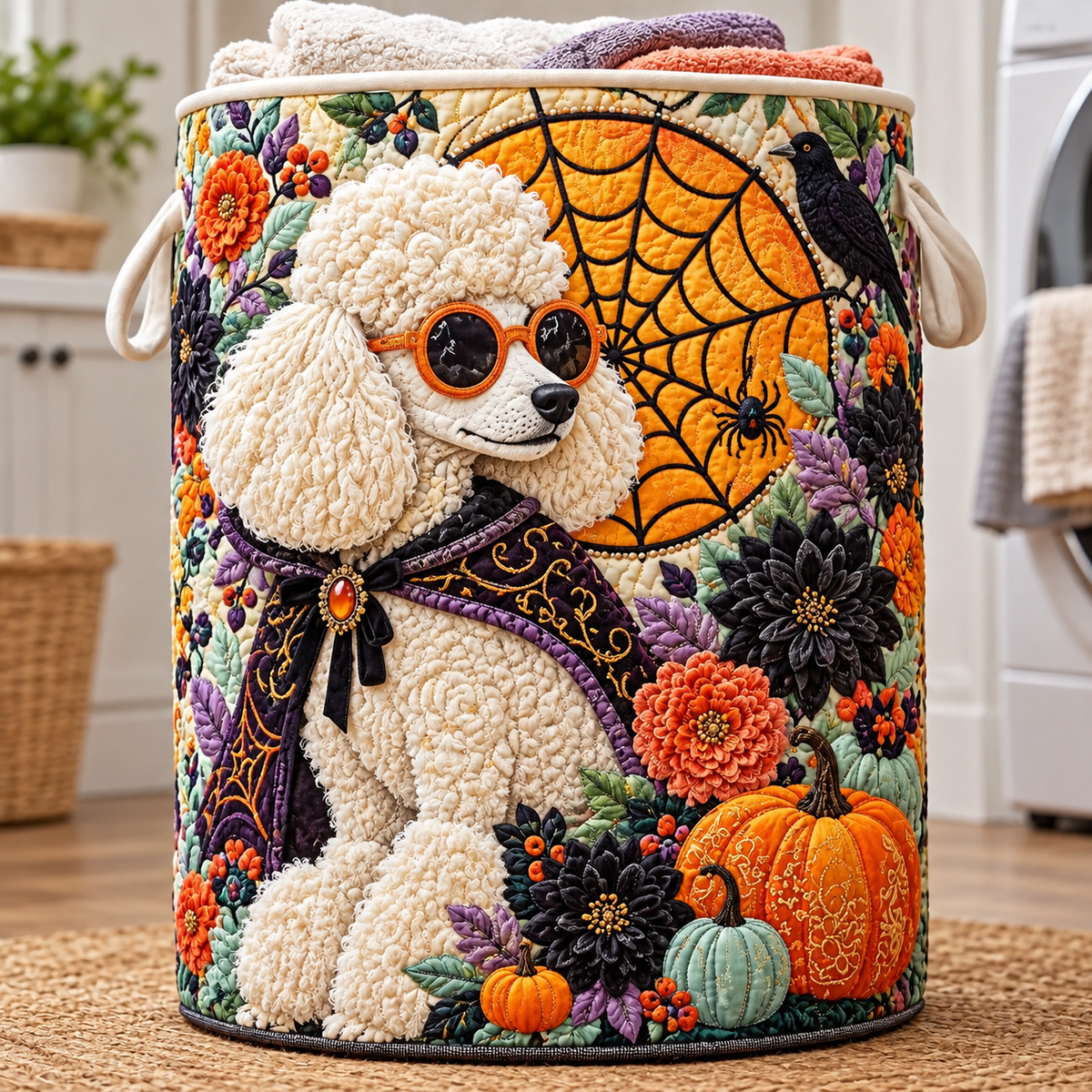 Quilted Laundry Basket – Spooky Poodle and Spider Web