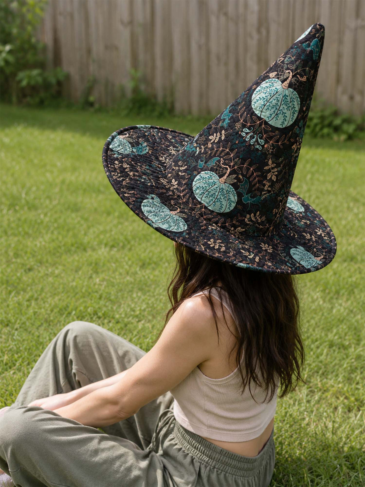 Handmade Quilted Witch Hat – Halloween Pumpkins in Mint Green
