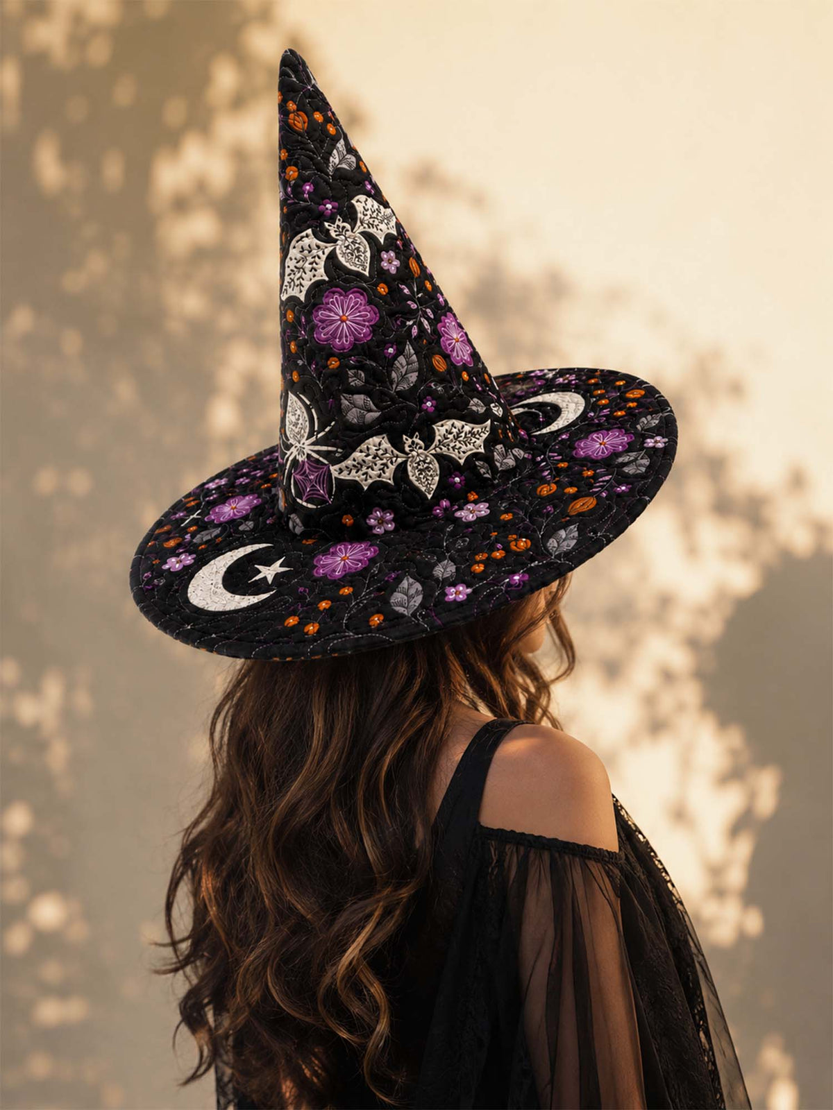 Handmade Quilted Witch Hat – Bats, Flowers and Halloween Moon