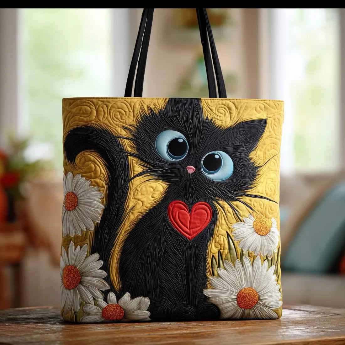 Handmade Black Cats Bag with Heart and Daisies