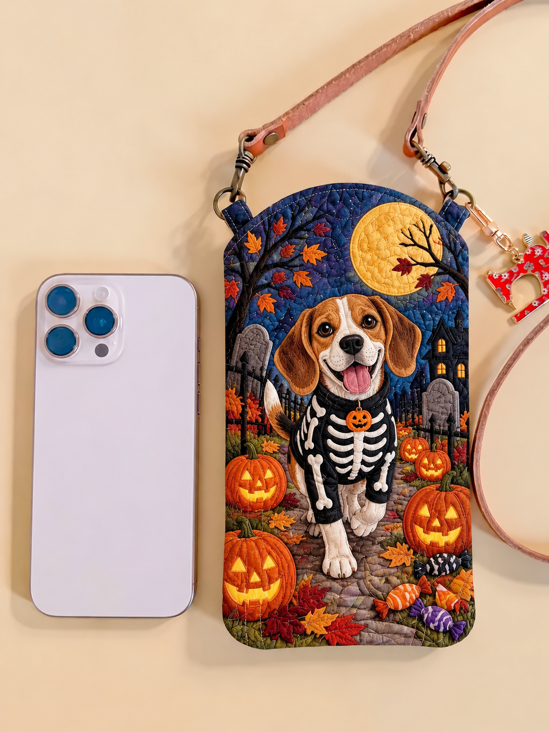 Slim Quilted Phone Crossbody Bag – Beagle in Skeleton Costume for Halloween