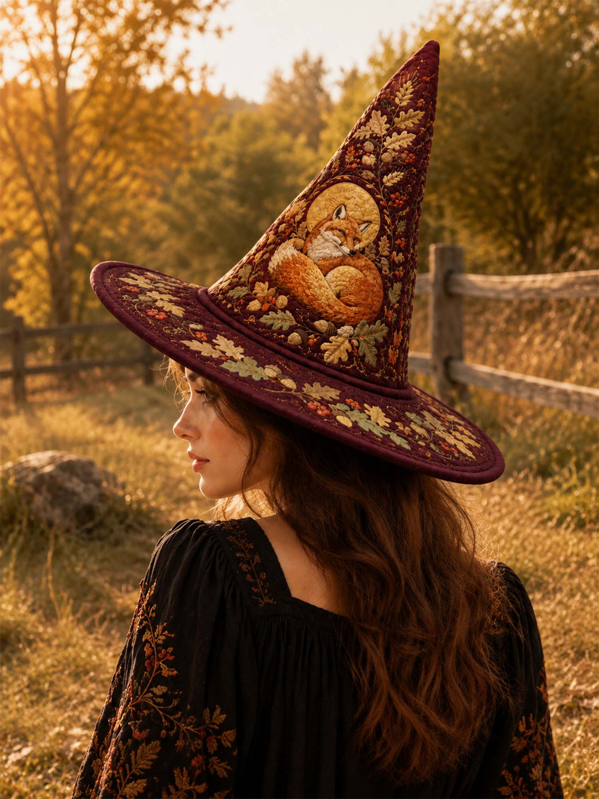 Handmade Quilted Witch Hat – Autumn Fox at the Woodland Cabin