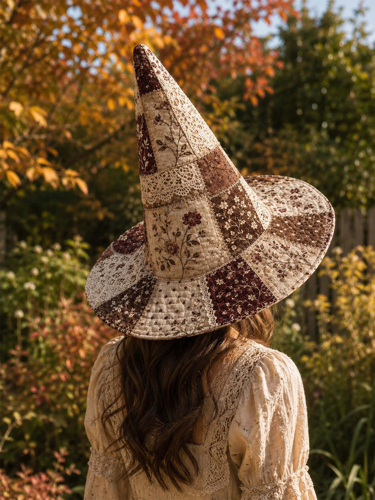 Handmade Quilted Witch Hat – Nostalgic Floral and Lace Patchwork