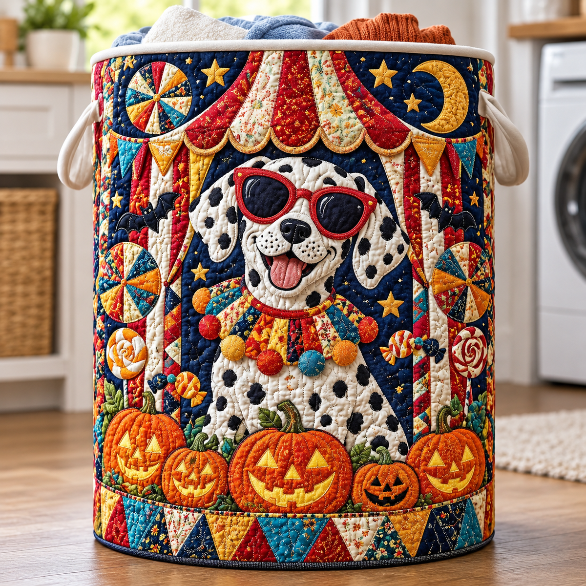 Quilted Laundry Basket – Dalmatian at the Halloween Festival
