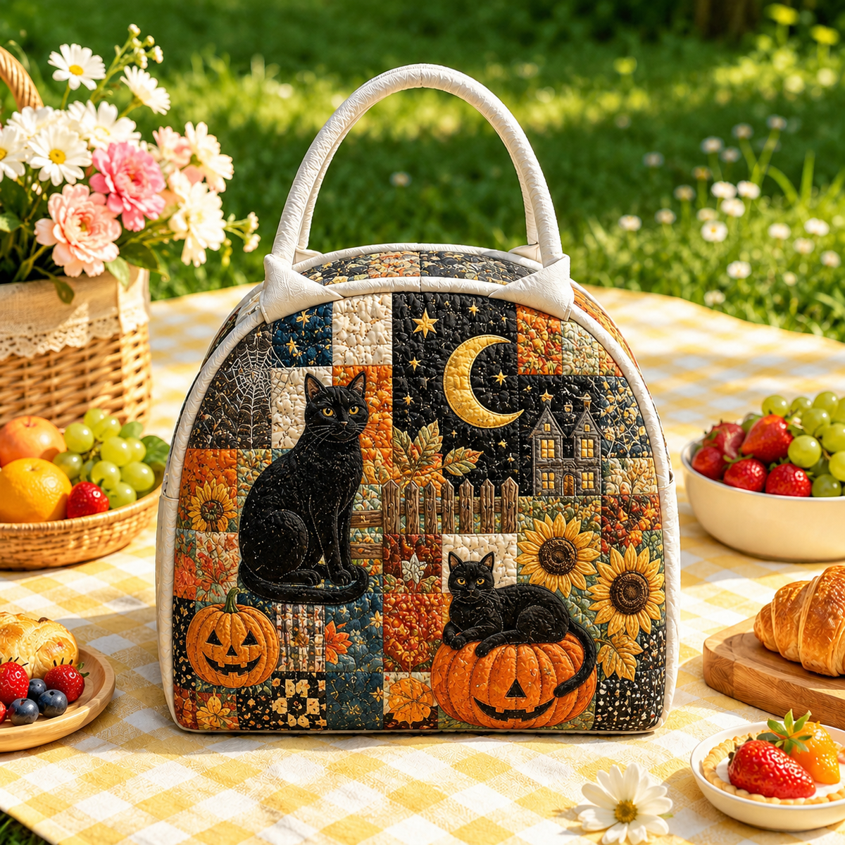 Quilted Lunch Bag – Black Cat in the Harvest Night