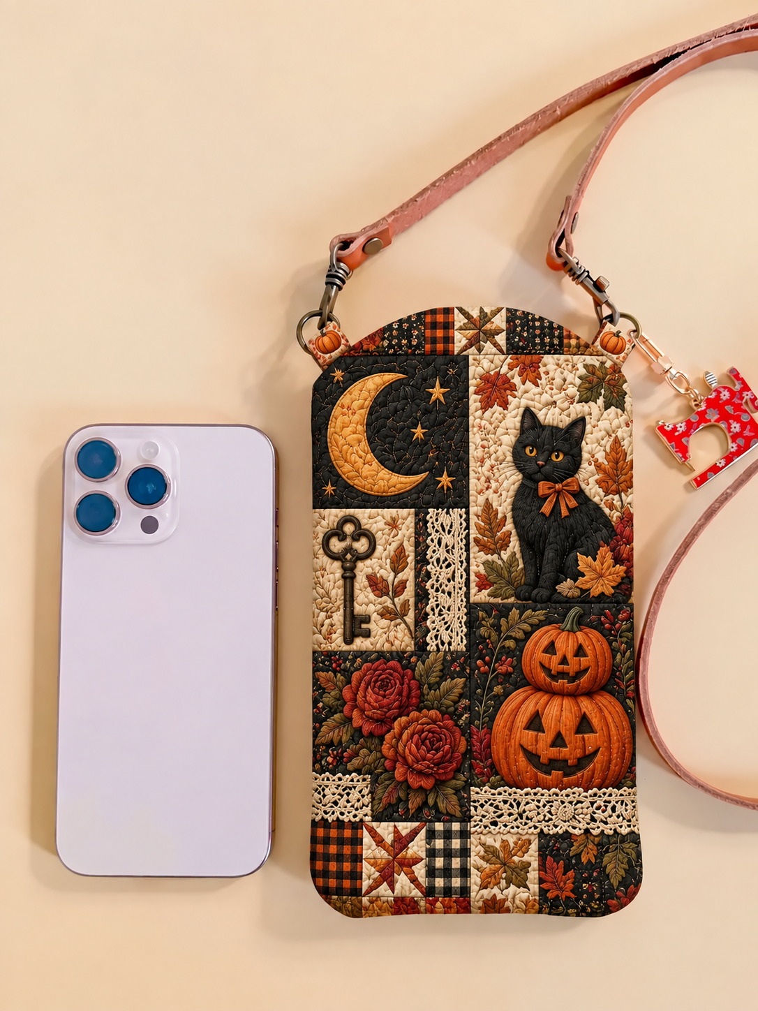 Slim Quilted Phone Crossbody Bag – Black Cat in Moonlit Patchwork