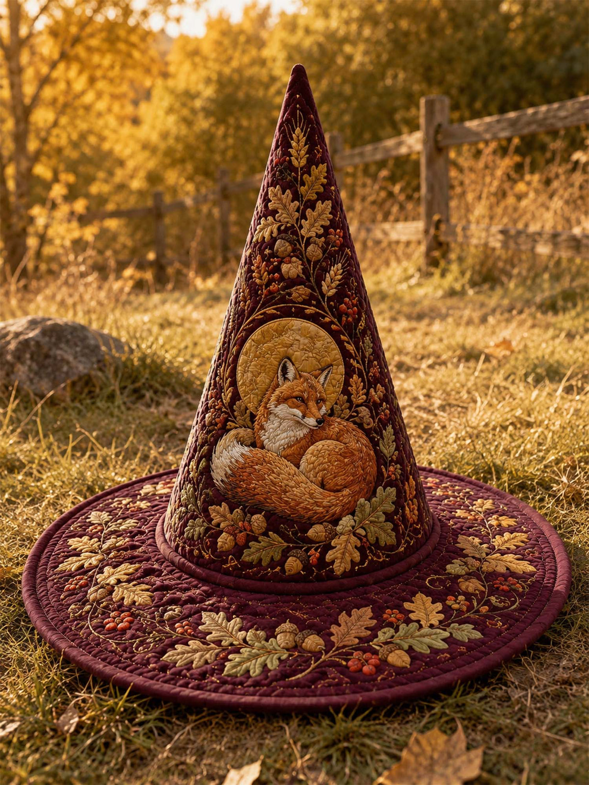 Handmade Quilted Witch Hat – Autumn Fox at the Woodland Cabin