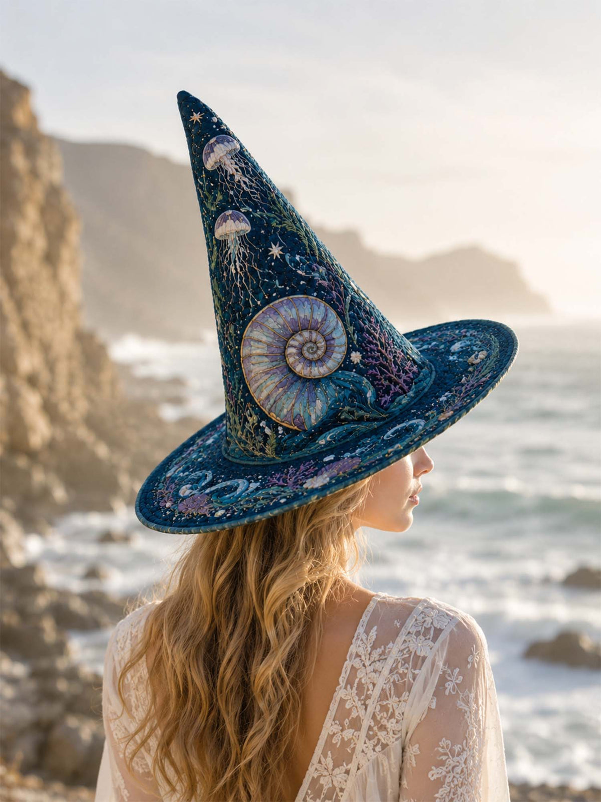Handmade Quilted Witch Hat – Deep-Sea Mermaid in Dark Coastal Style