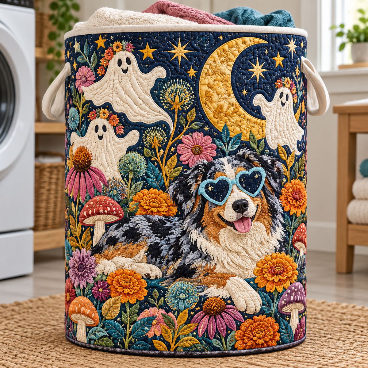 Quilted Laundry Basket – Border Collie in the Ghost Garden by Moonlight