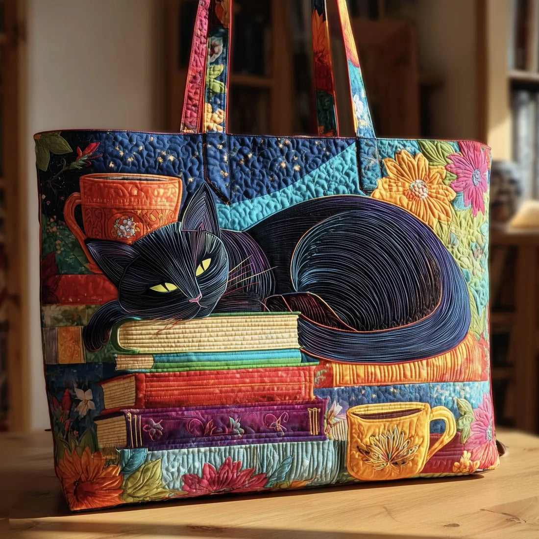 Handmade Chat Noir Bag with Books and Cups