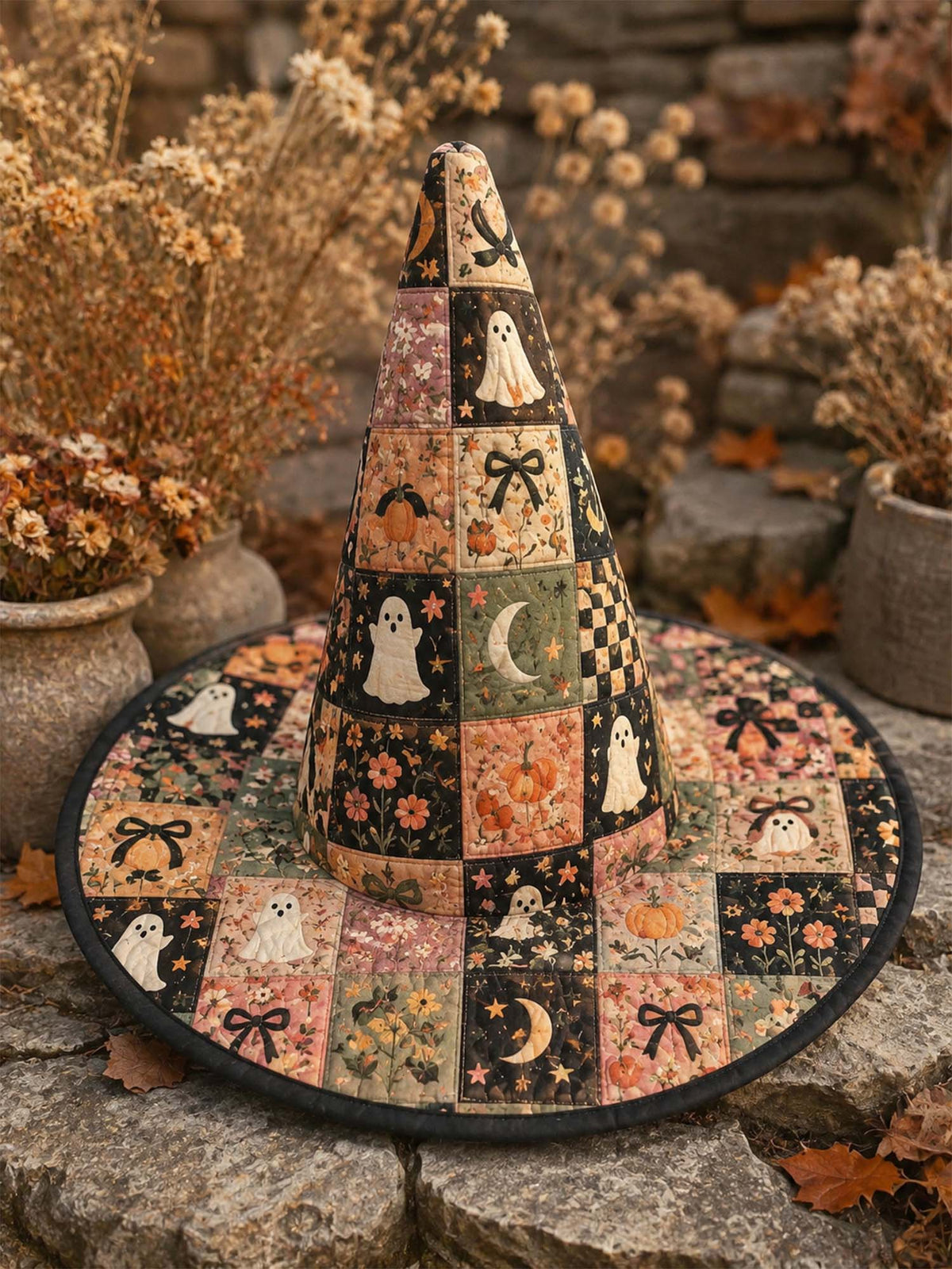 Handmade Quilted Witch Hat – Ghosts and Pumpkins in Patchwork Style