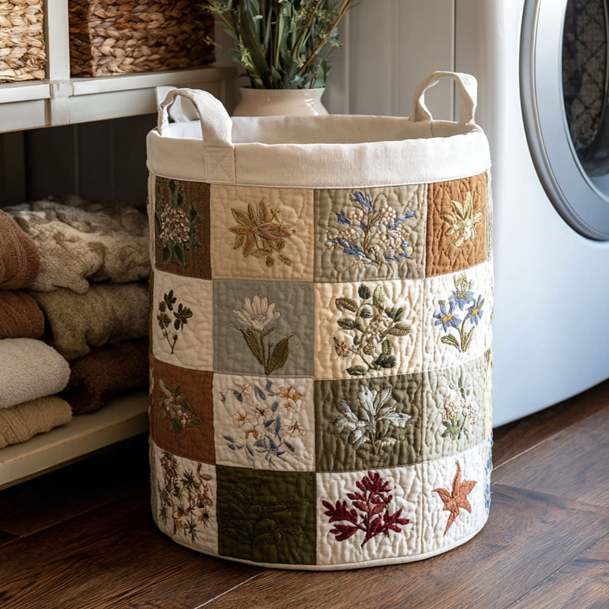 Quilted Laundry Basket with Flowers in Classic Style