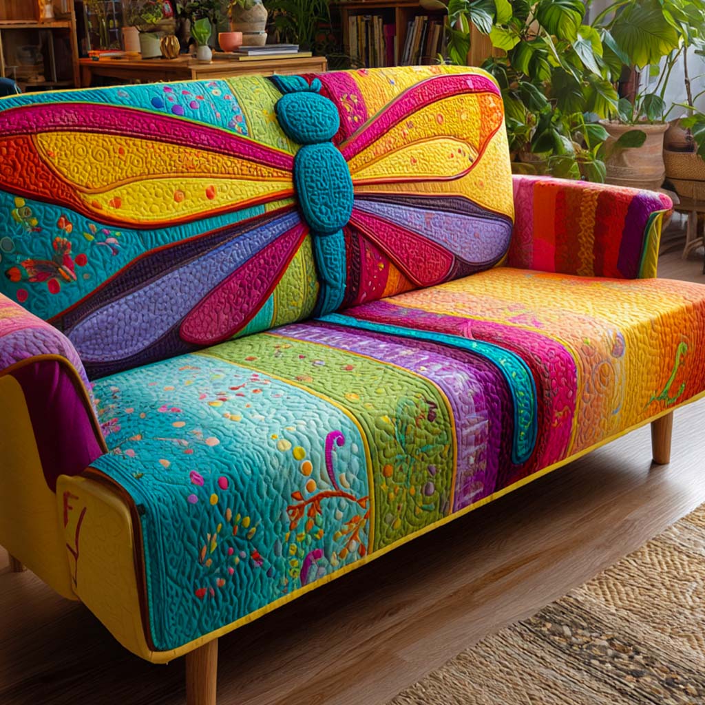 Quilted Sofa Cover with Dragonflies