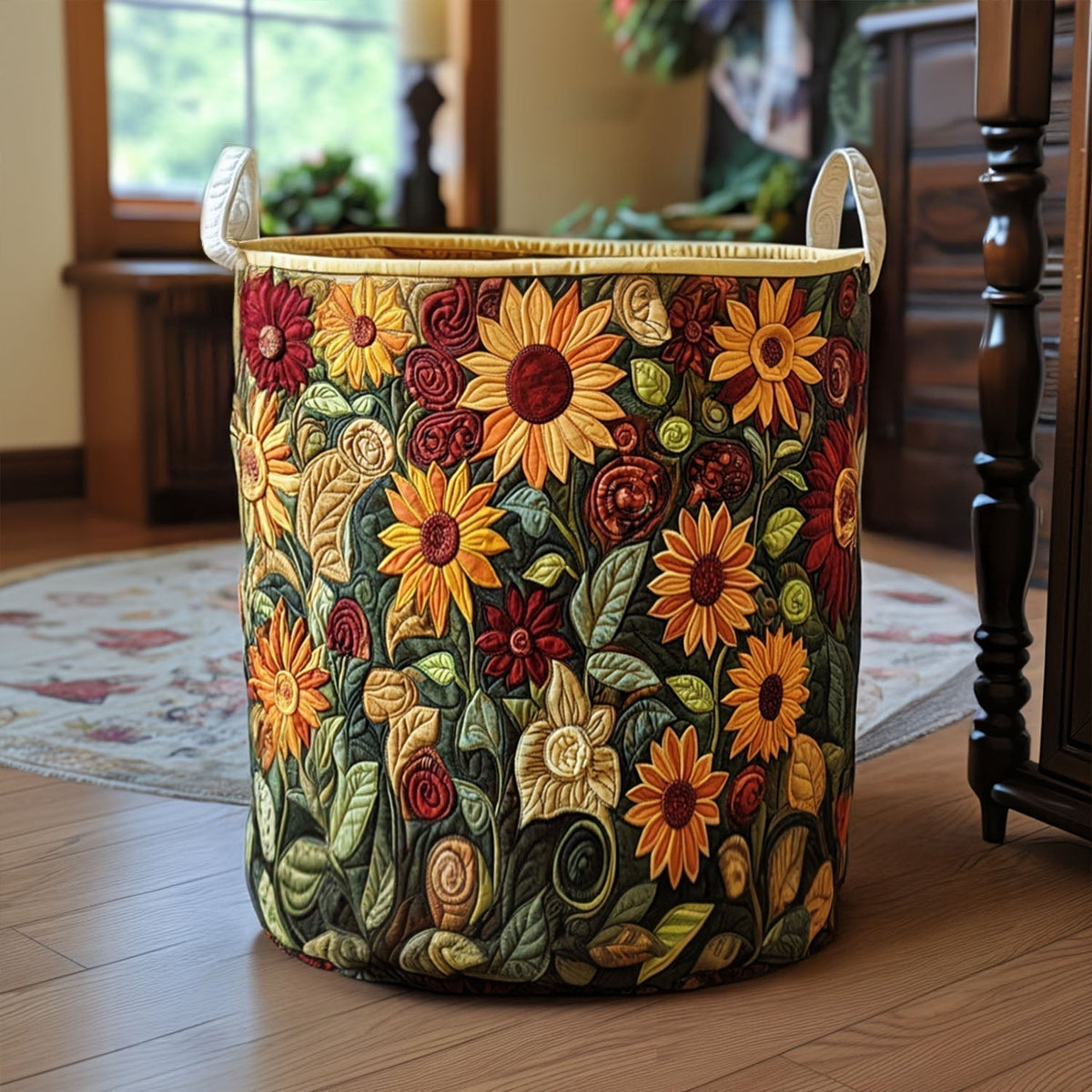 Quilted Laundry Basket with Floral Design