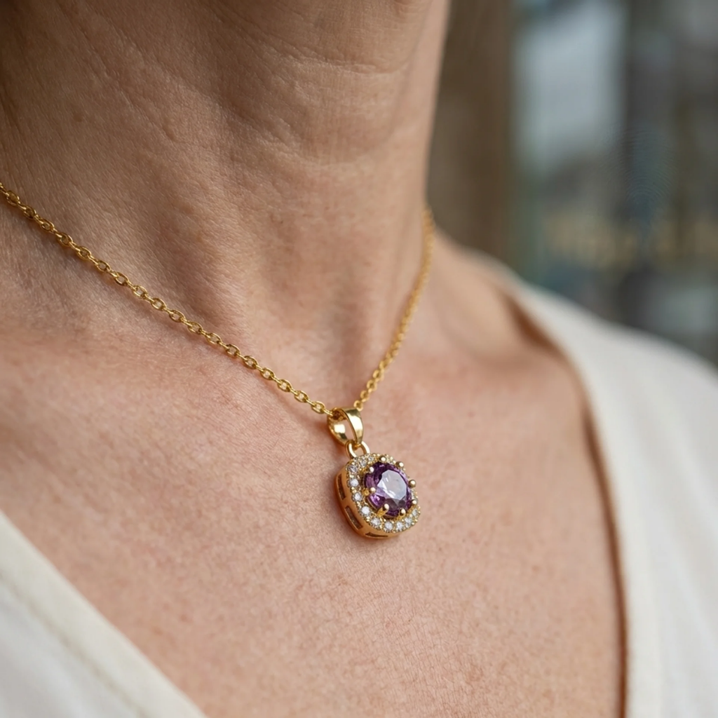 Square Amethyst Pavé Necklace | Gold