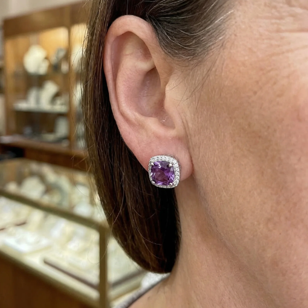 Square Amethyst Pavé Stud Earrings | White Gold