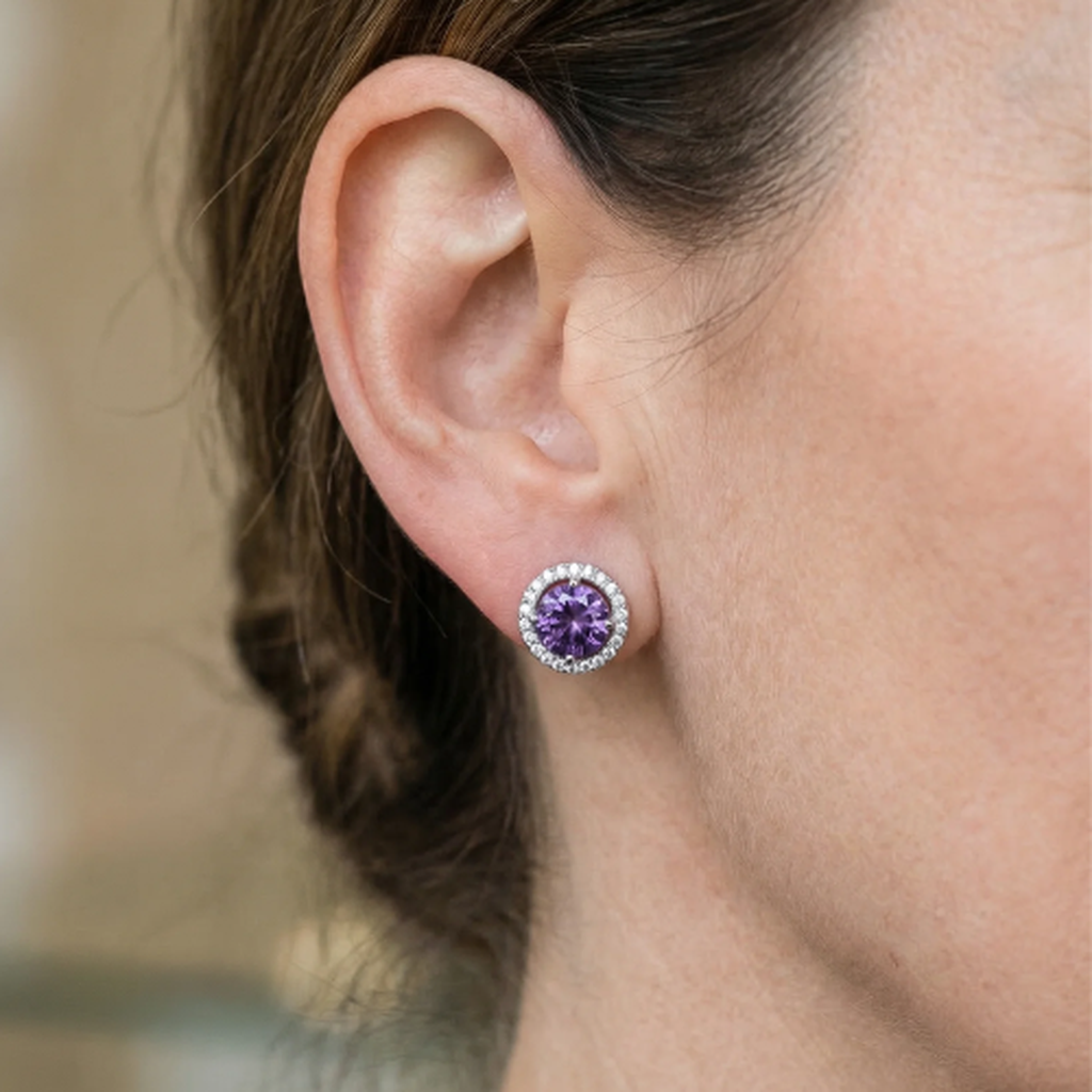 Round Amethyst Pavé Earrings | White Gold