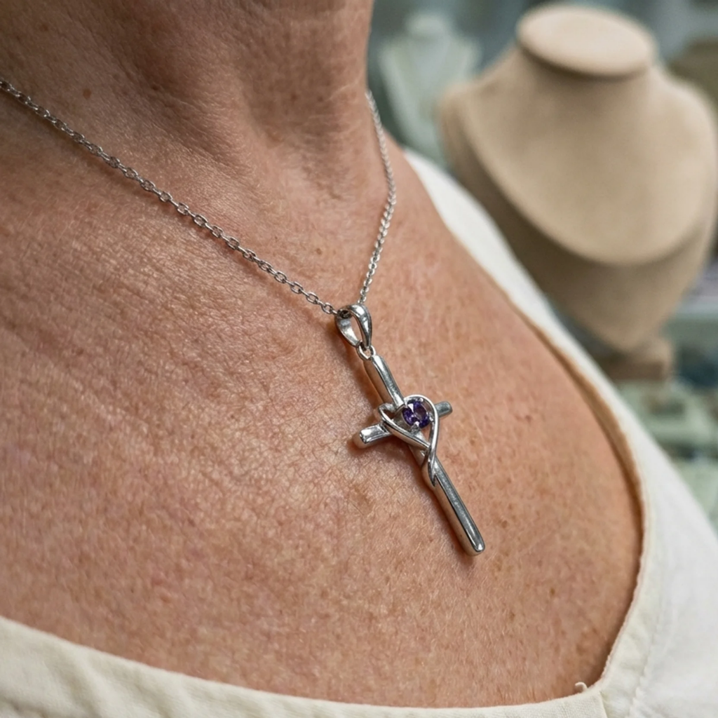 Cross Necklace with Amethyst | White Gold