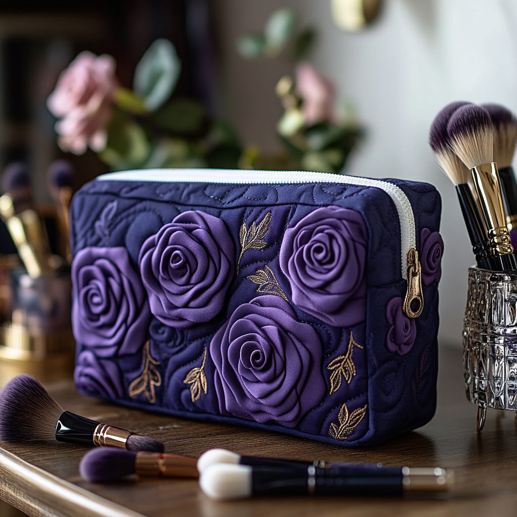 Quilted Makeup Bag with Amethyst Flower