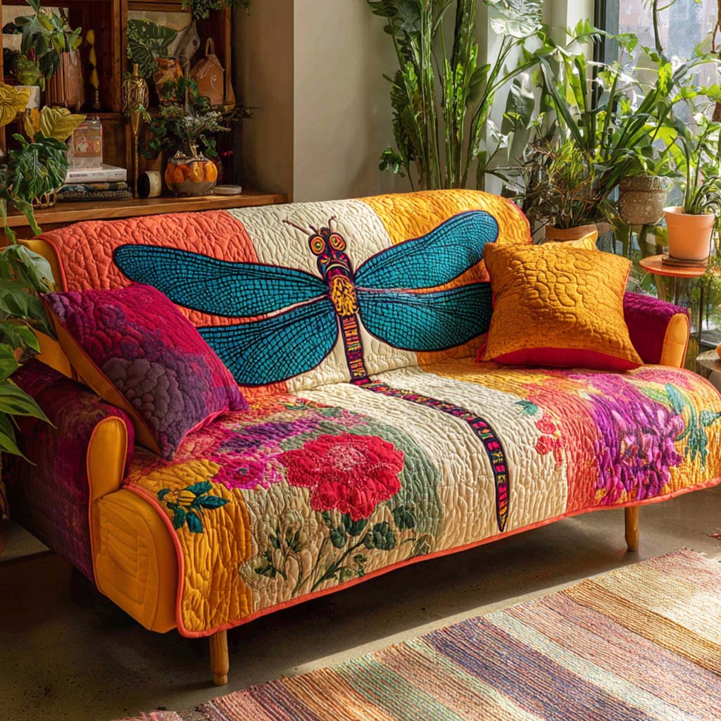 Quilted Sofa Cover with Dragonflies