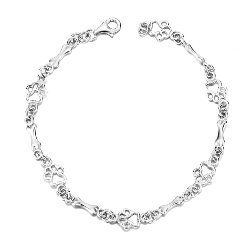 Bracelet with Dog Paw and Bone Pendants in White Gold