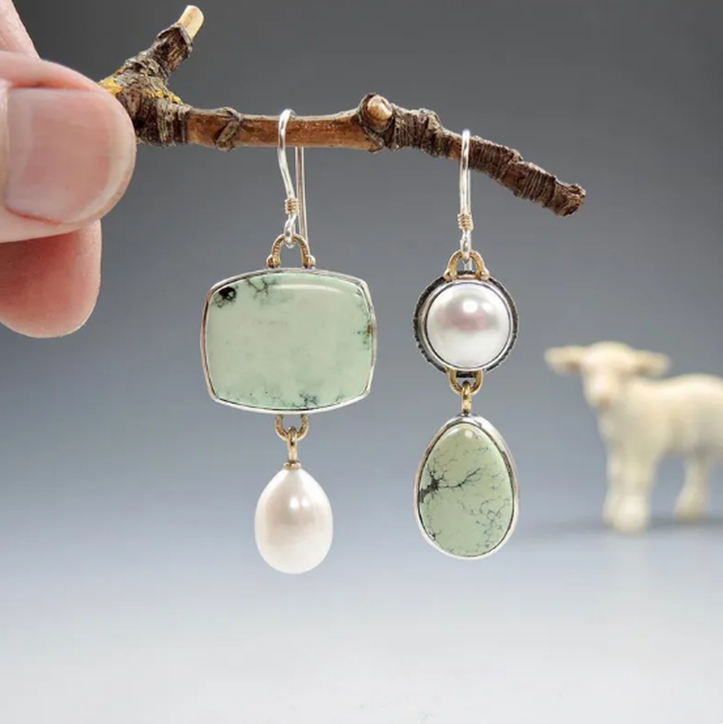Asymmetric Earrings with Pearl and Green Lacquer