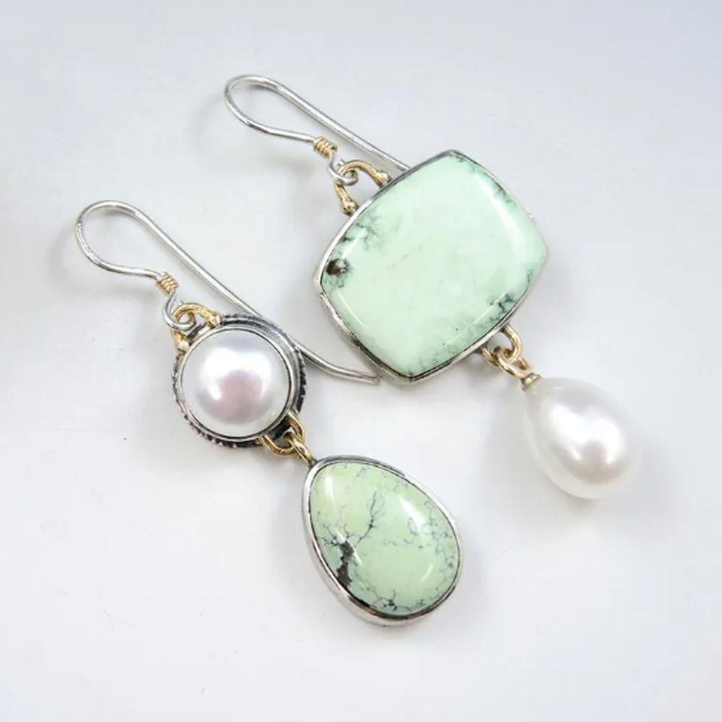 Asymmetric Earrings with Pearl and Green Lacquer