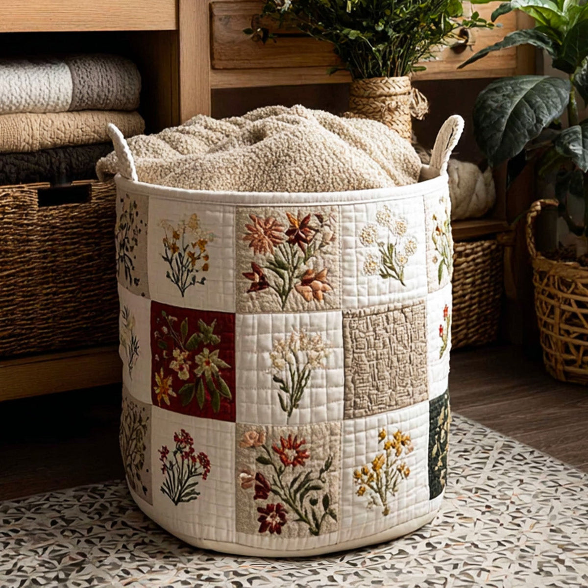 Quilted Laundry Basket with Floral Design