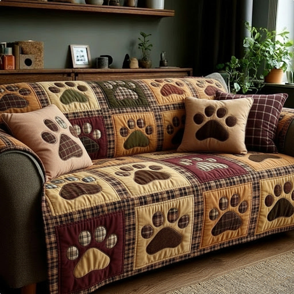 Quilted Sofa Cover with Little Paws and Autumn Heart