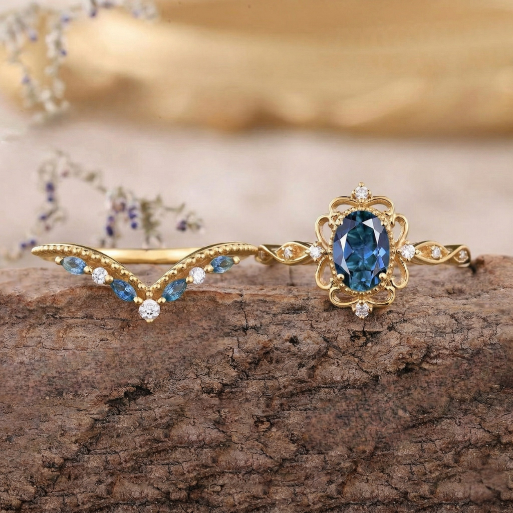 Azelia Crown Ring Set with Sapphire | Gold