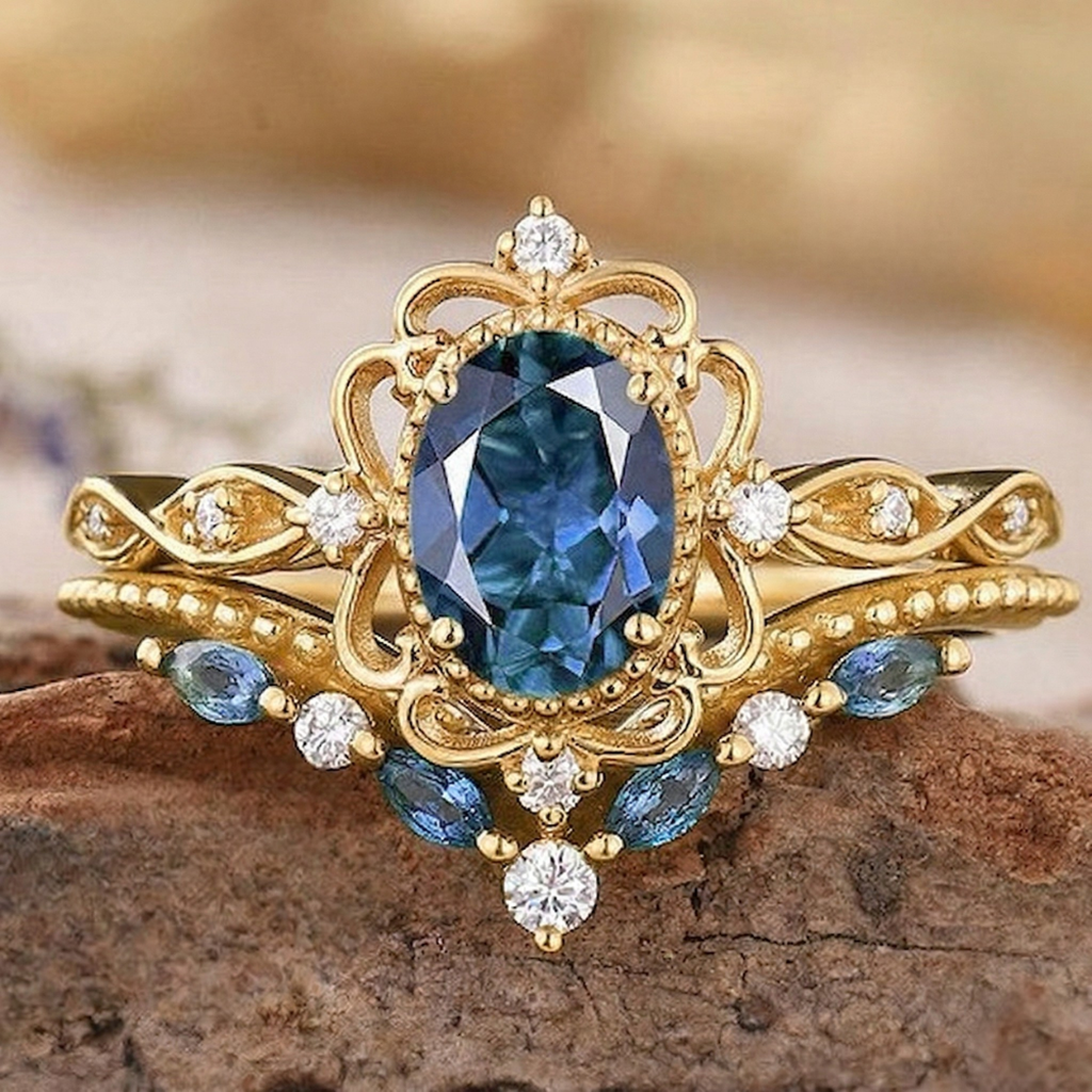 Azelia Crown Ring Set with Sapphire | Gold
