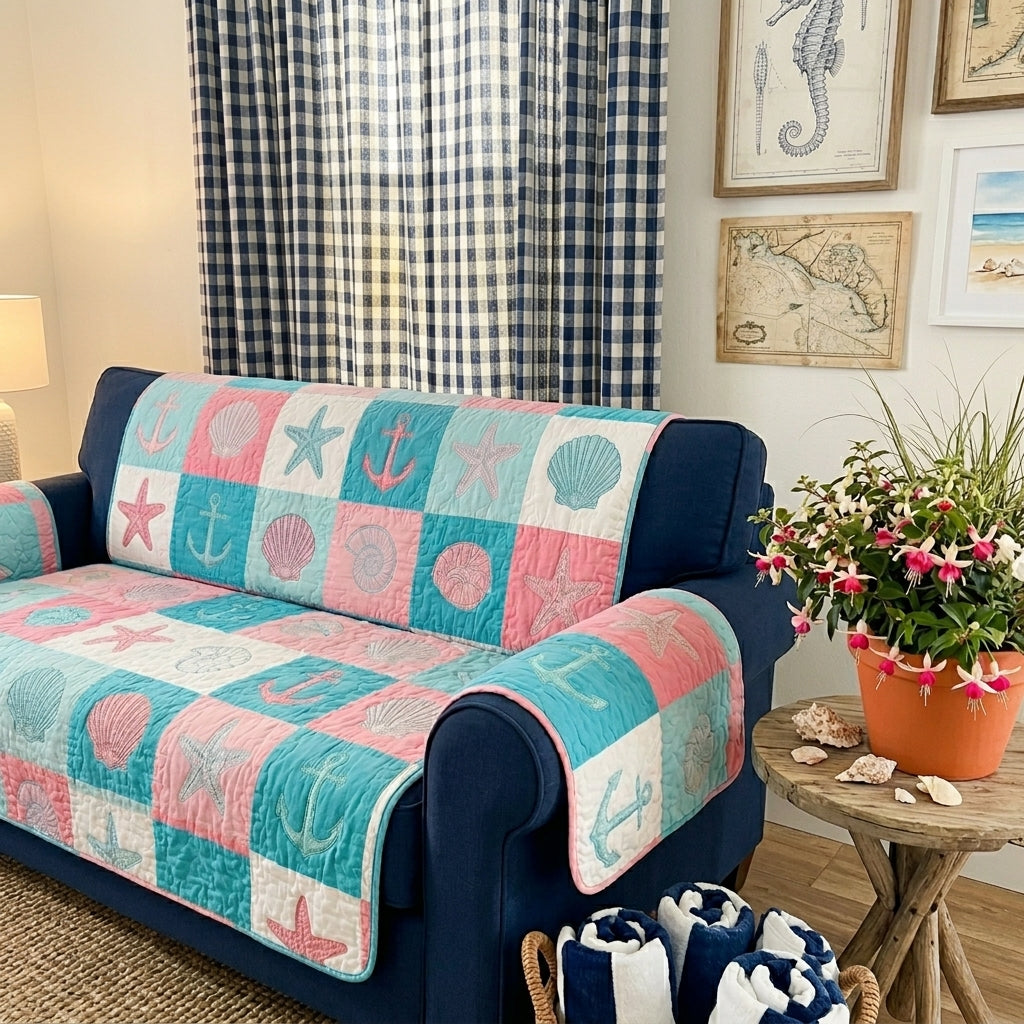 Quilted Sofa Cover with Beach Hut