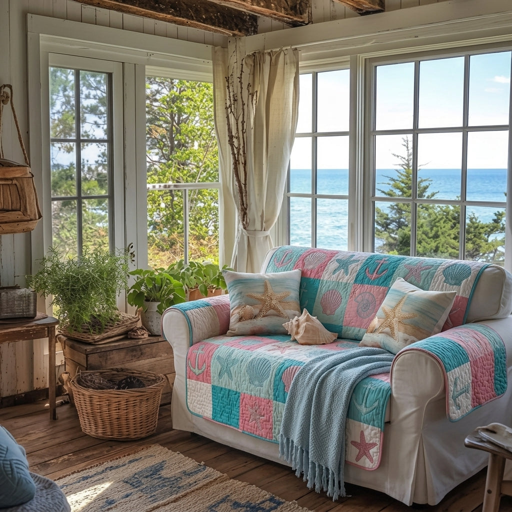 Quilted Sofa Cover with Beach Hut