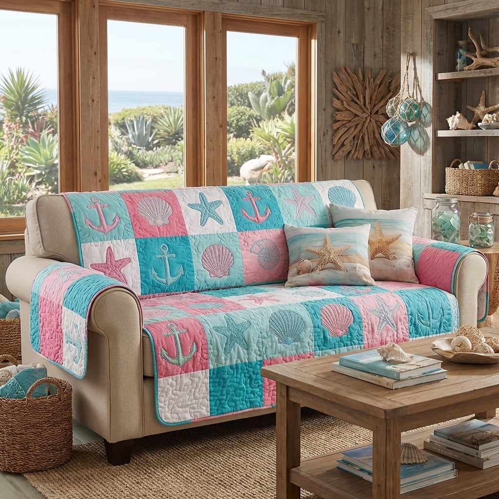 Quilted Sofa Cover with Beach Hut