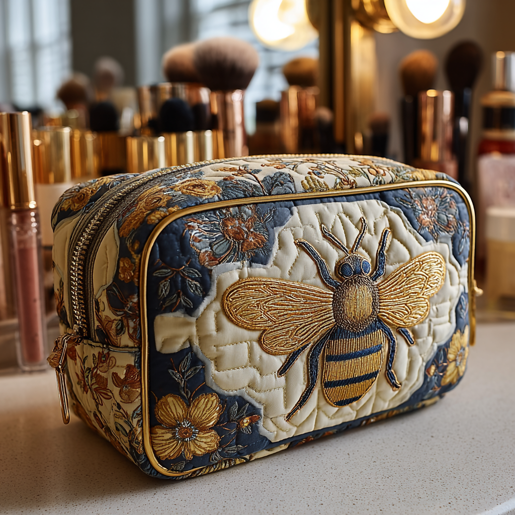 Quilted Makeup Bag with Decorative Bee