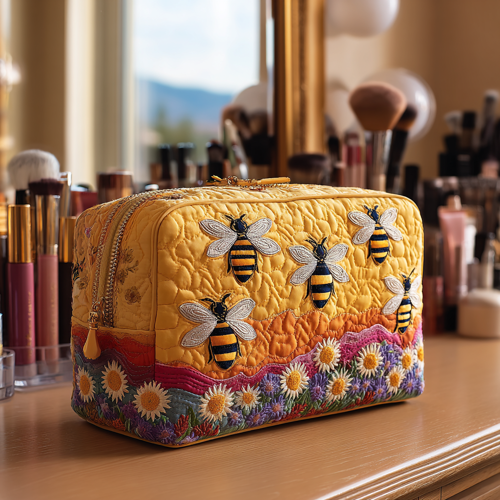 Quilted Makeup Bag with Bees and Flowers