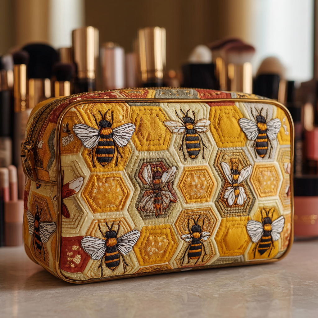 Quilted Makeup Bag with Bees in the Meadow