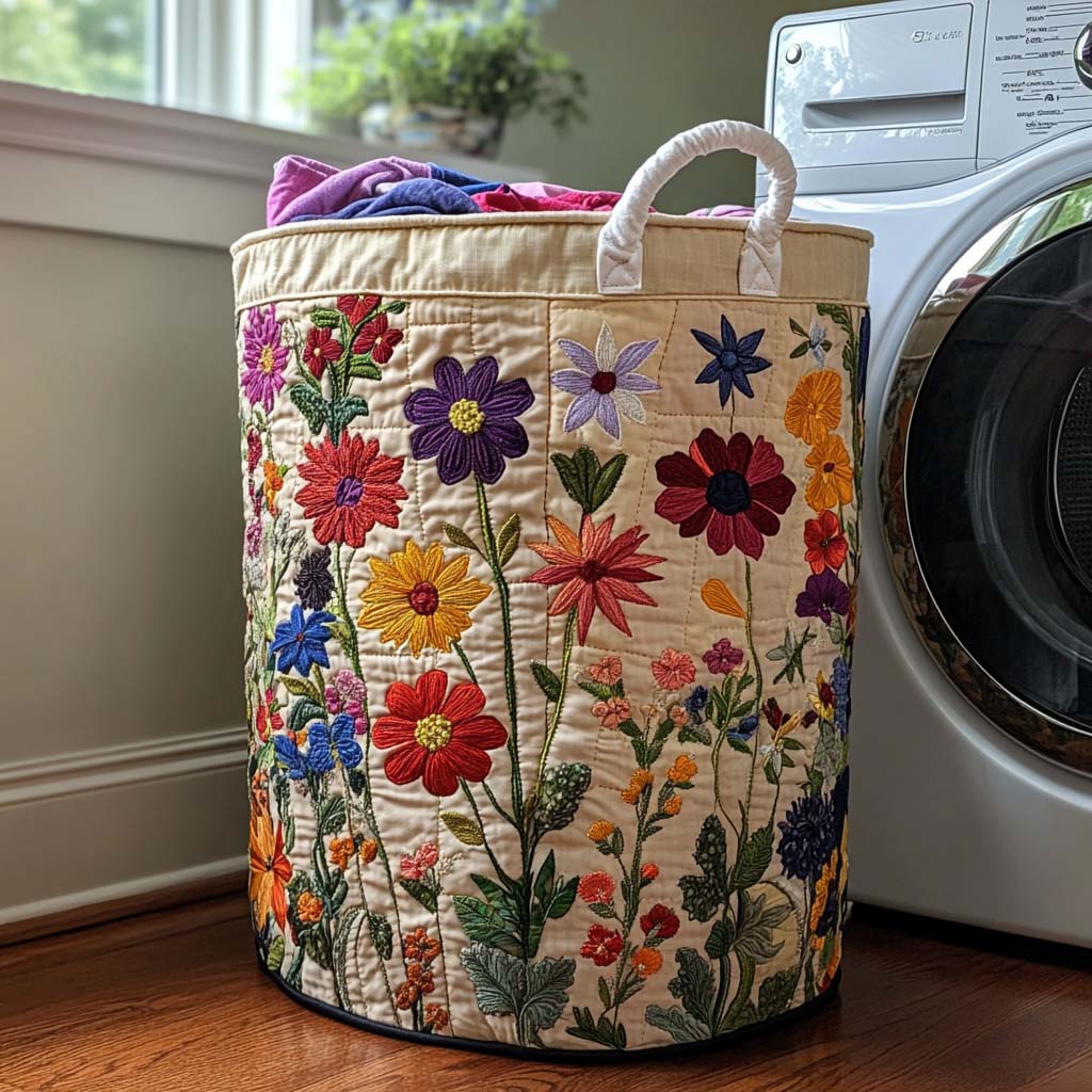 Quilted Laundry Basket with Floral Pattern