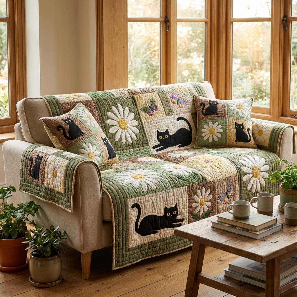 Quilted Sofa Cover – with Cat and Flowers