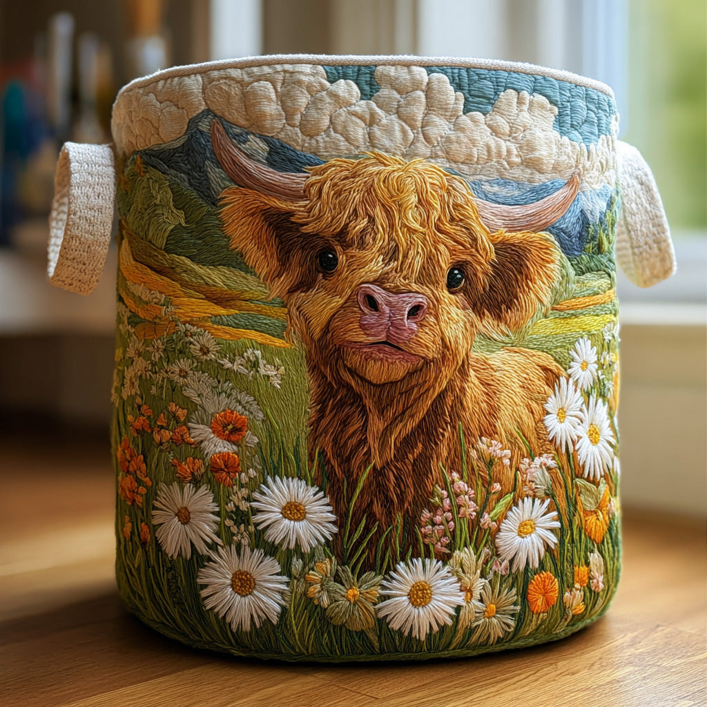 Quilted Laundry Basket with Highland Cow and Flowers
