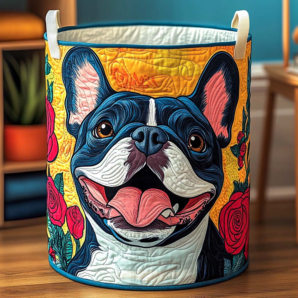 Quilted Laundry Basket with French Bulldog and Flowers